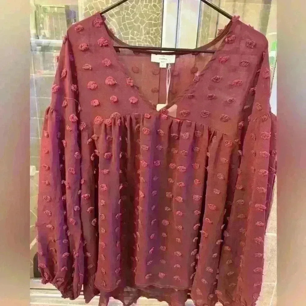 Large Swiss dot maroon v neck boho shirt. Size Large. NWT